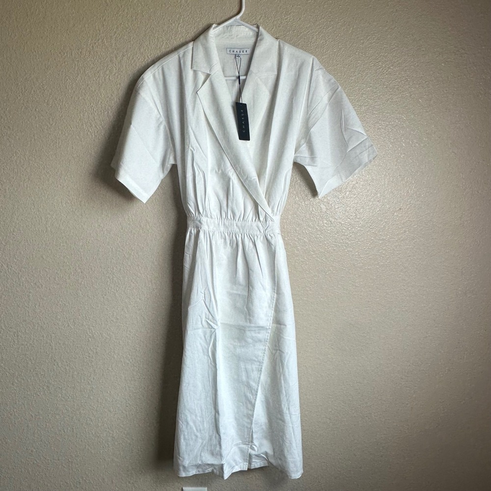 Chaser White Wrap Midi Dress Short Sleeve Notched Lapel CWA191-WHT Women S NWT